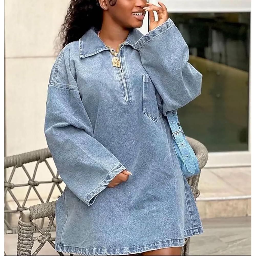 Plus Size ZABA Women’s Denim Dresses Lapel Zip Mini Long Sleeve Dresses