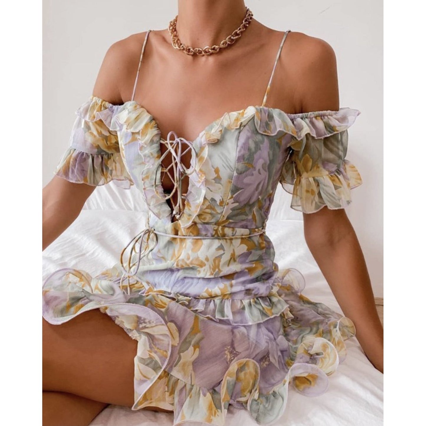 Lace-up Ruffle Floral Mini Dress