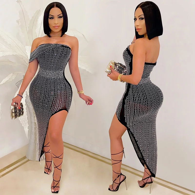 Rhinestone Diamond Asymmetrical Sexy Dress