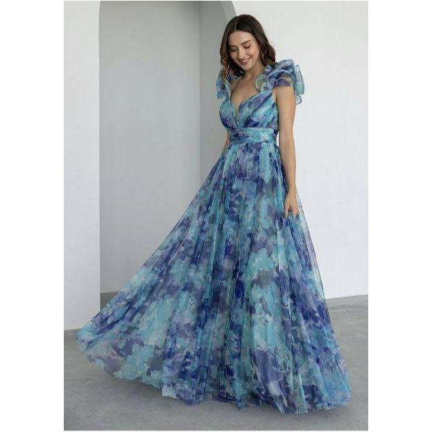 Printed Ruffle Chiffon Maxi Dress