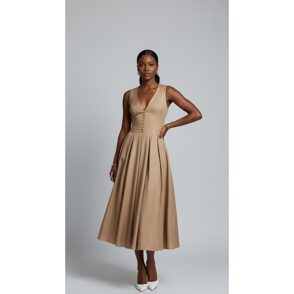Elegant Button-Down V-Neck Midi Dress