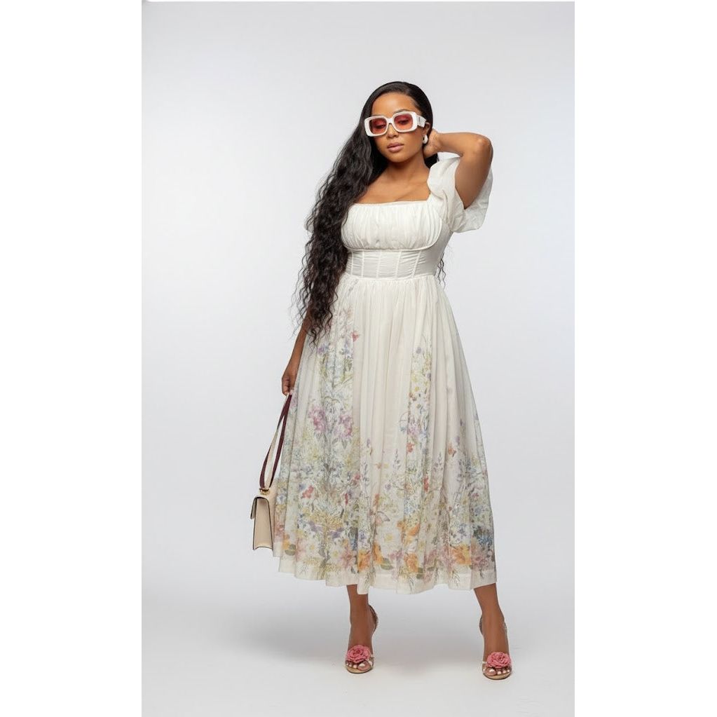 Floral Puff Sleeve Midi Dress with Square Neck