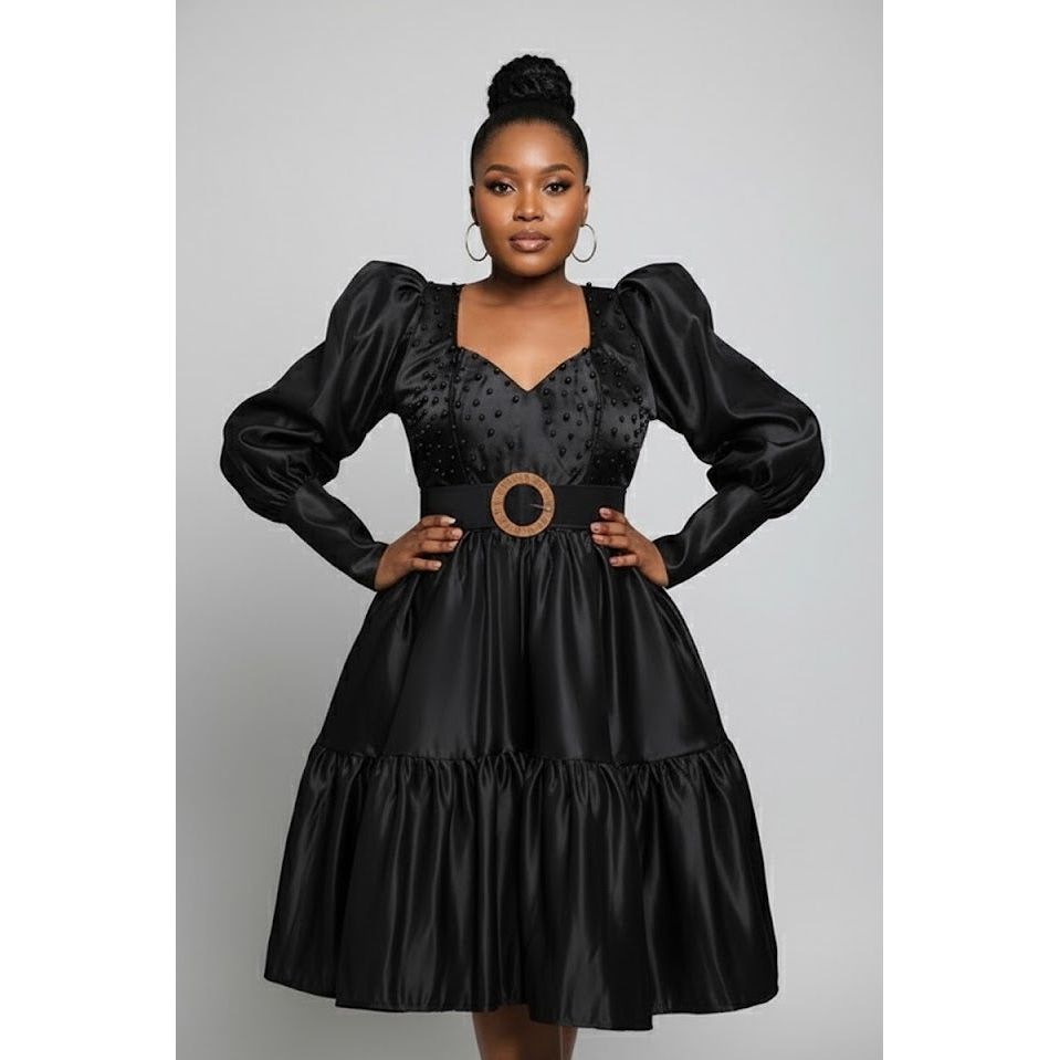 Puffy Sleeves Stylish Belted Fit and Flare Dress
