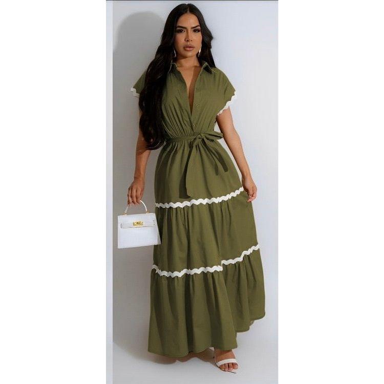 Plus Puff Sleeve Frilled Contrast Tape Belted Dress.