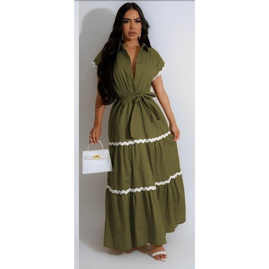 Plus Puff Sleeve Frilled Contrast Tape Belted Dress.