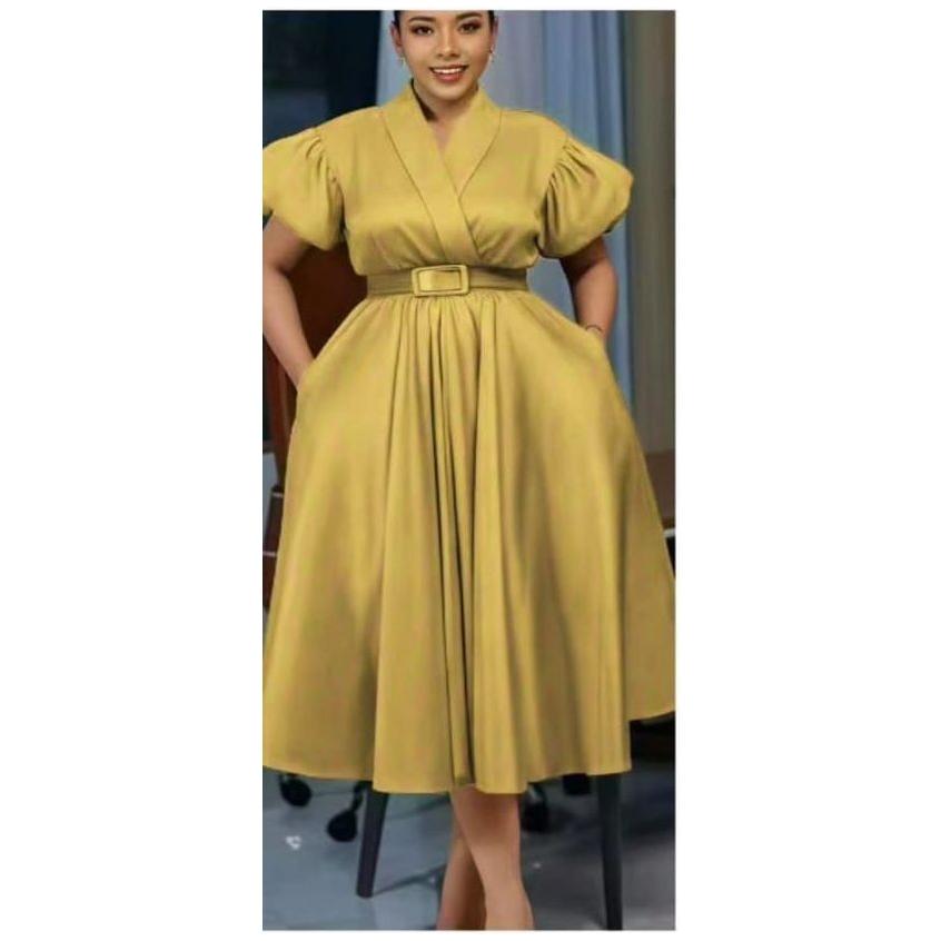 Formal Elegant Overlap Collar A-line Midi Dress.