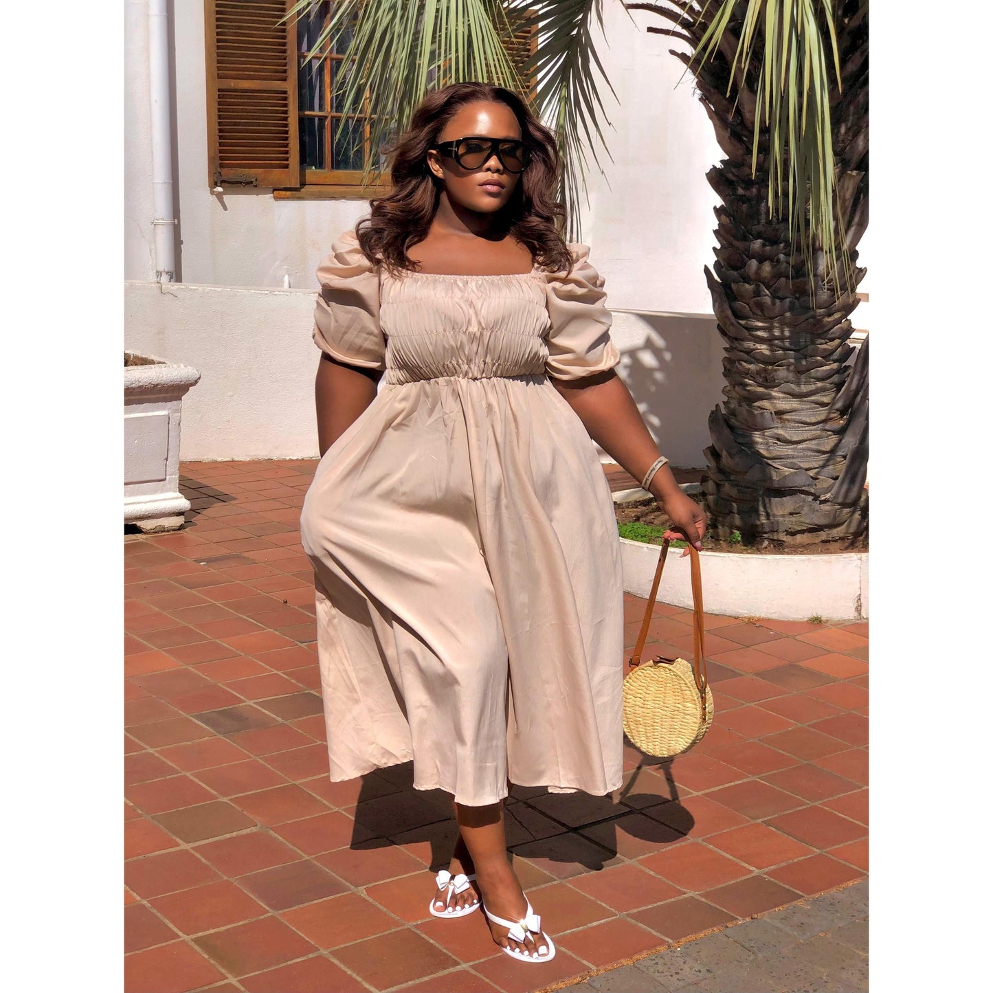 Elegant Puff Sleeve Retro Bandage Solid Design Dress.