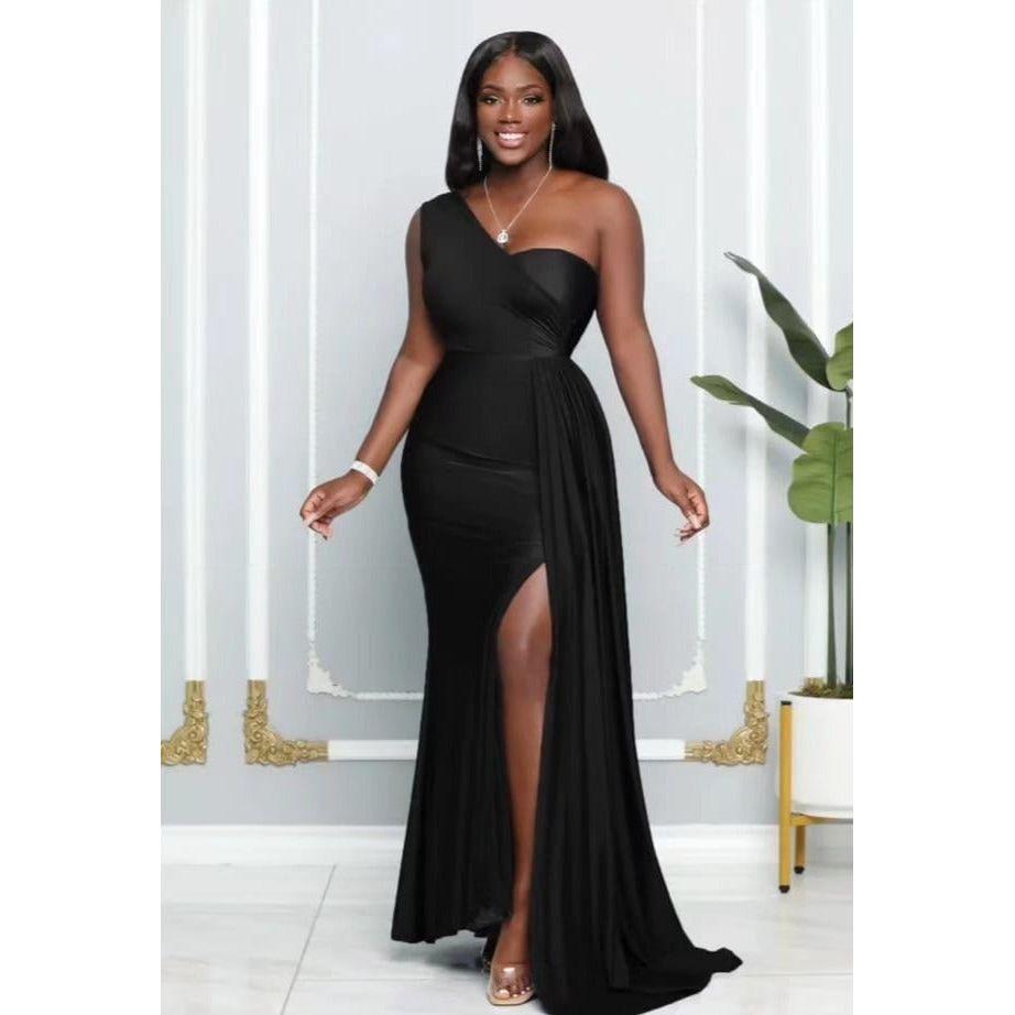 High Waisted Slit One Shoulder Maxi Dress