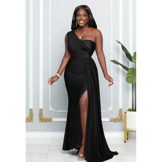 High Waisted Slit One Shoulder Maxi Dress