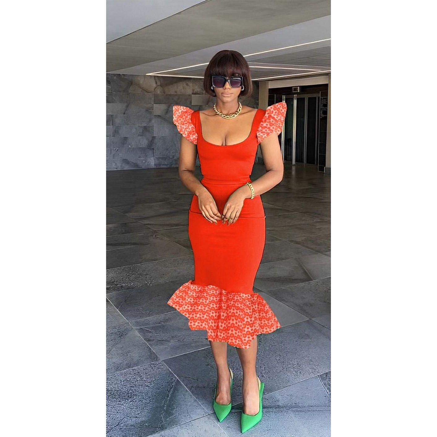 Print Sleeve Wide Neck Bodycon Dress