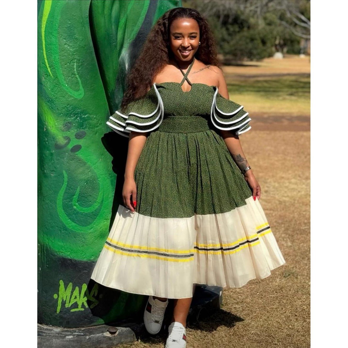 Flare Sleeves Off-Shoulder Pleated Traditional Midi Dress