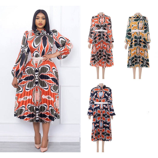 Long Sleeve Pleated High Waist Printed Dress