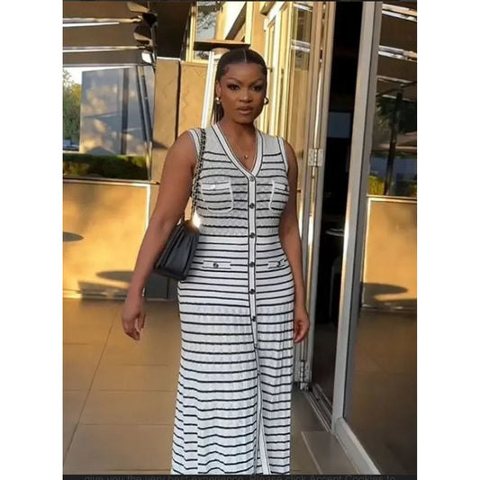 Striped Knitted Sleeveless Long Dress.