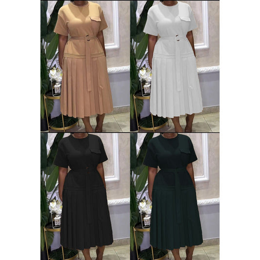 Pleated Short Sleeve Solid Color Dress