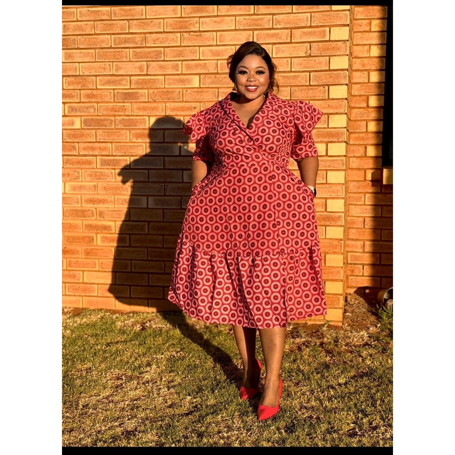 Short Sleeve African Print Pleated Knee Dress.