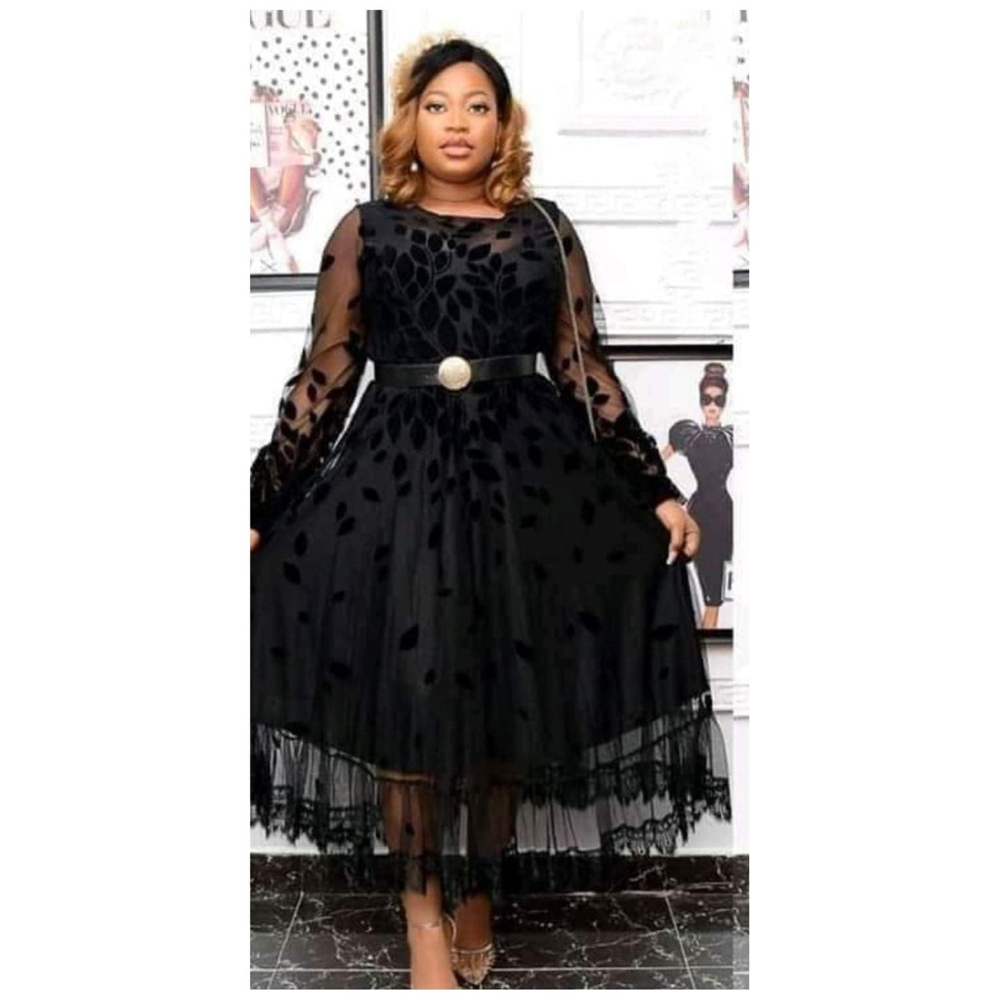 Floral Lace Belted Long Sleeve Dress