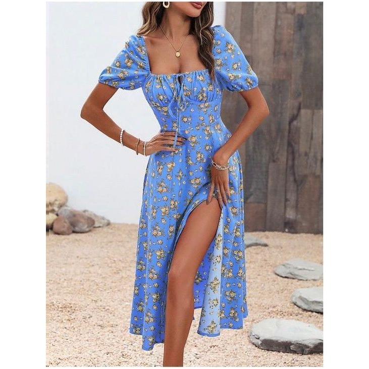 Floral Knot Split Thigh A-line Dress.