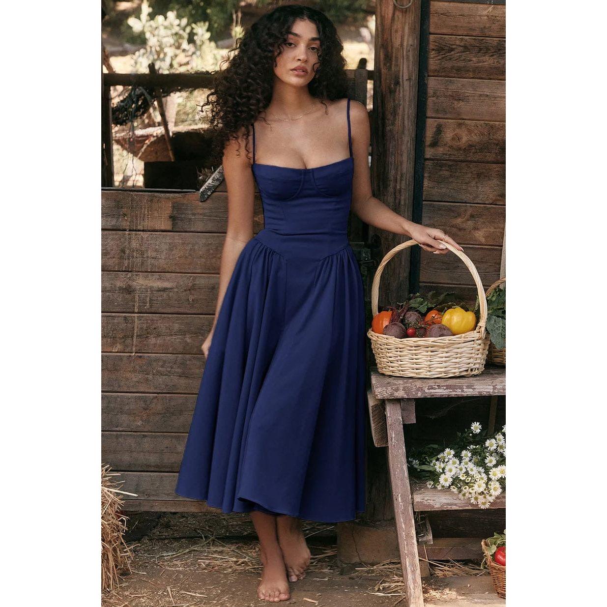 Spaghetti Strap Pleated Sleeveless Corset Midi Dress.
