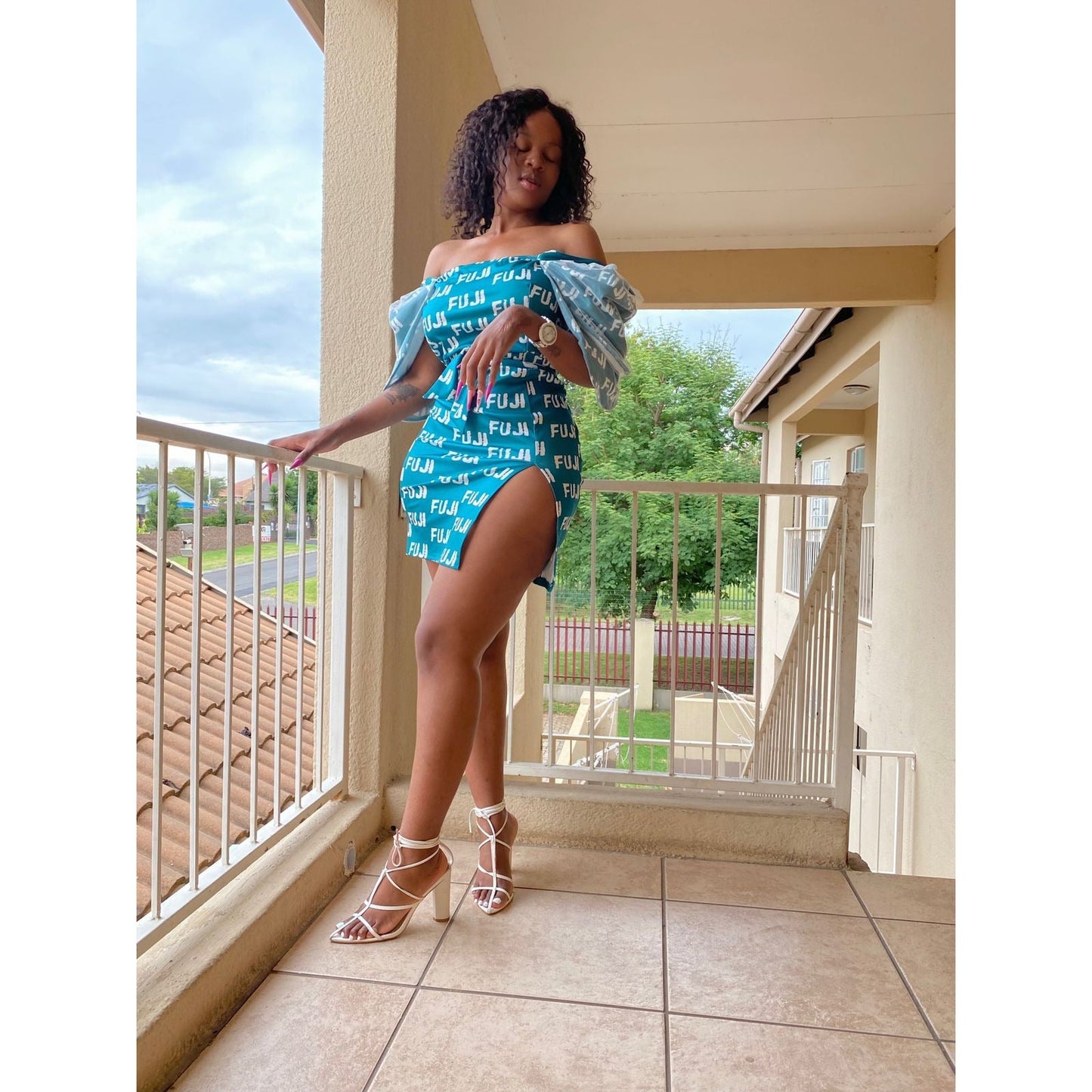 Off Shoulder Bottom Slate Short Dress