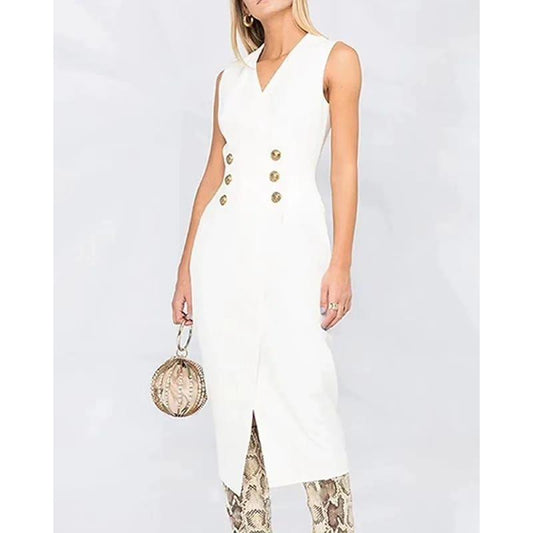 V-Neck Button Rivet Button Long Dress