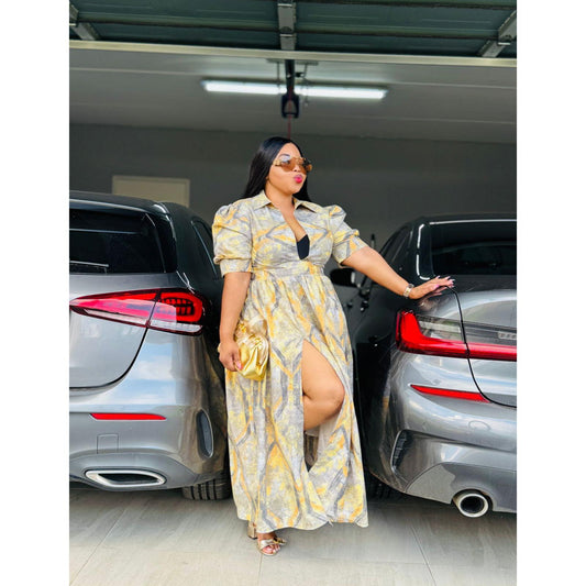 French Short Sleeve High Slit Maxi Dress