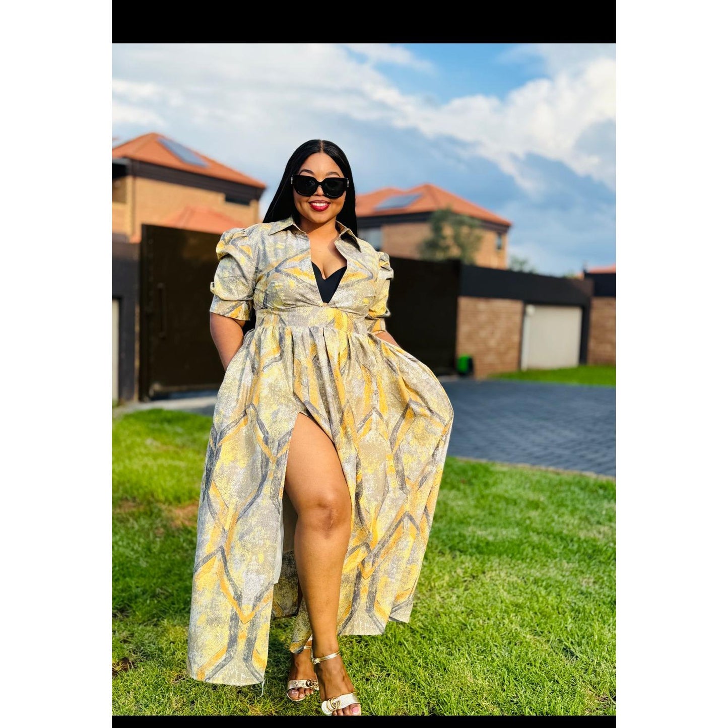 French Short Sleeve High Slit Maxi Dress