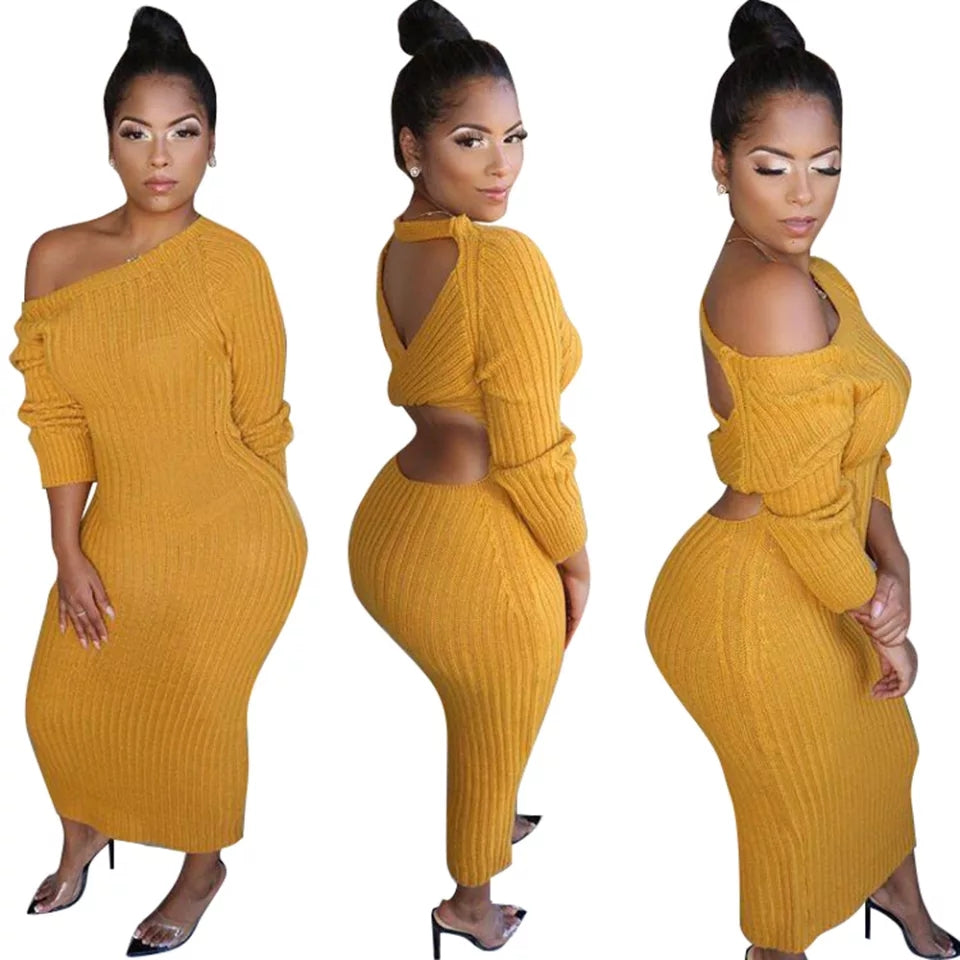 Sweater Long Sleeve Backless Dress