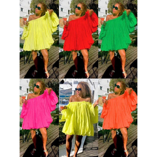 Patchwork Off-Shoulder Lantern Mini Dress.