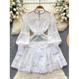 Summer Short Elegant Lace Stitching Hollow Out Long Sleeve Mini Dress.