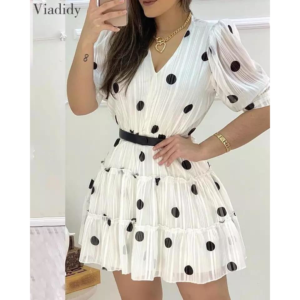 V-Neck Polka Dots Mesh Dress
