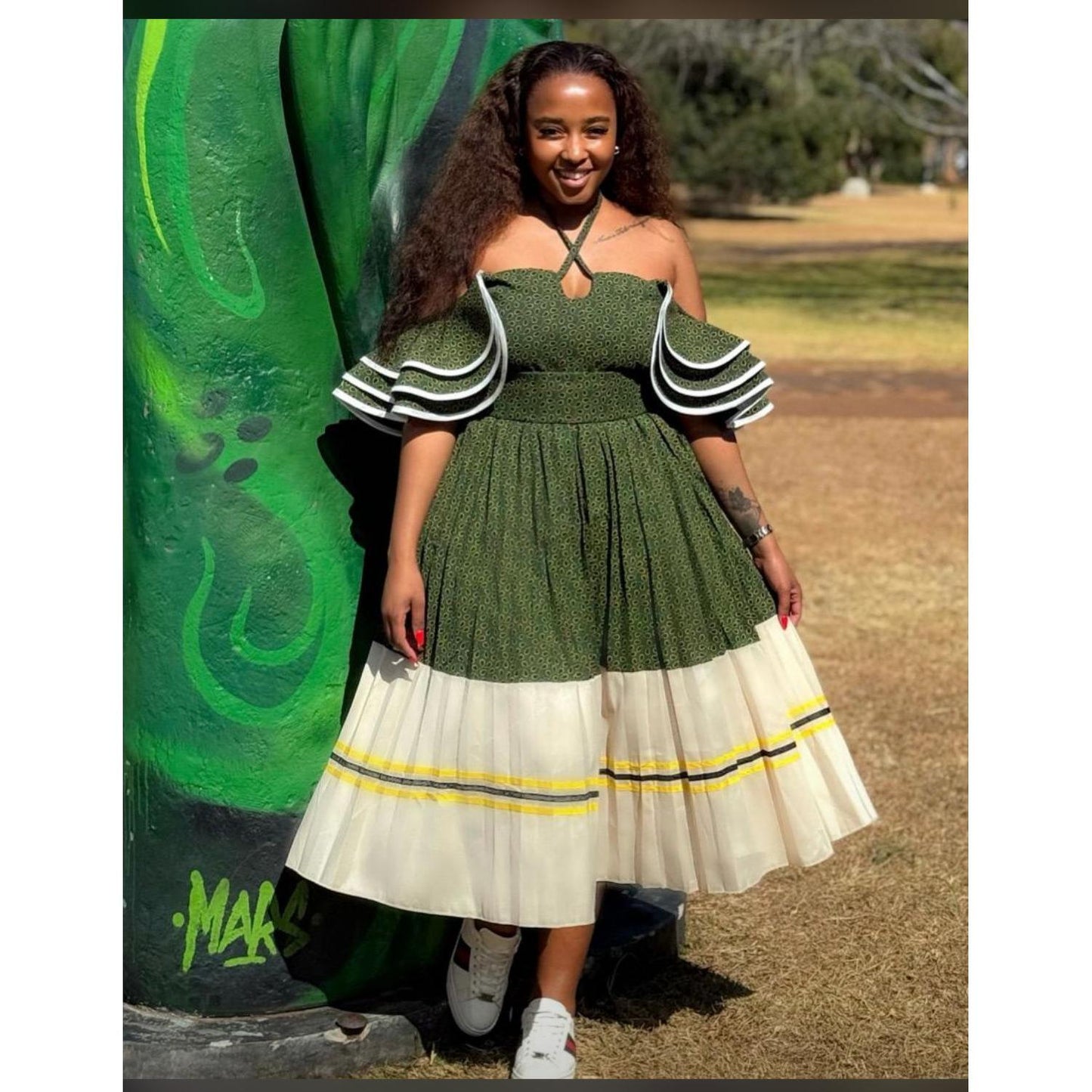 Flare Sleeves Off-Shoulder Pleated Traditional Midi Dress