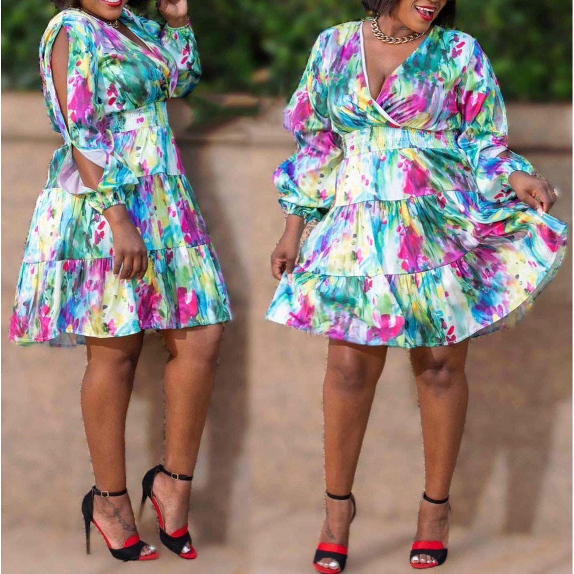 V-Neck Multi-Color Midi Dress