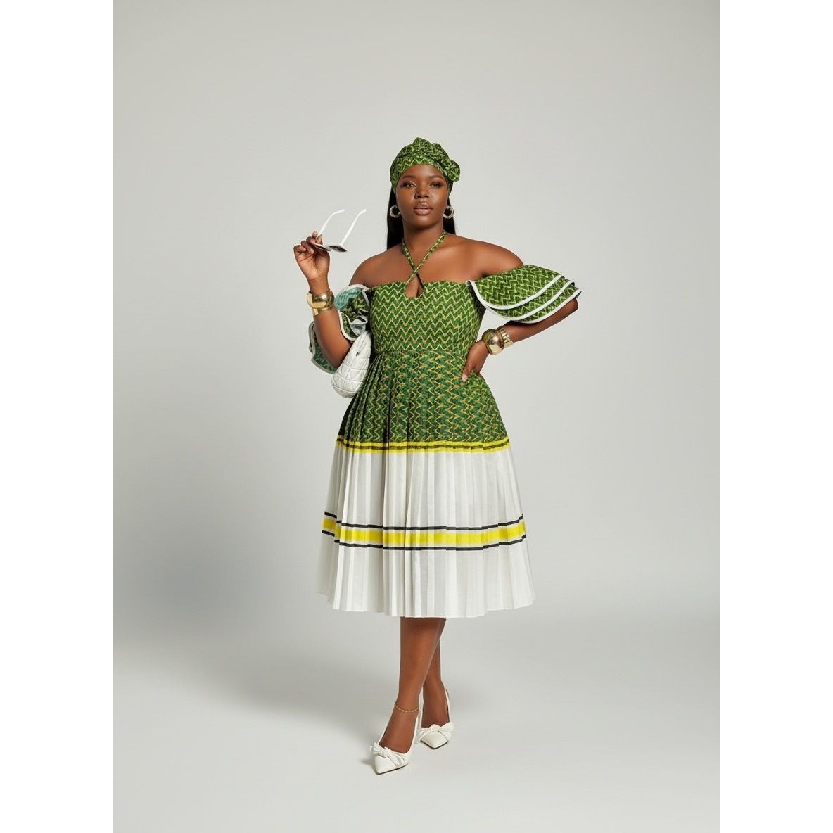 Flare Sleeves Off-Shoulder Pleated Traditional Midi Dress