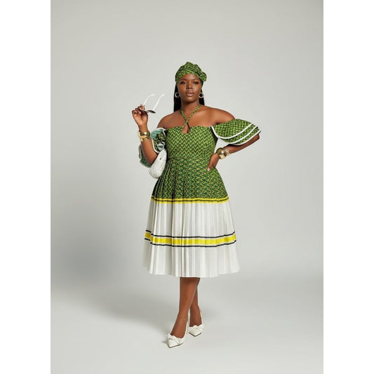 Flare Sleeves Off-Shoulder Pleated Traditional Midi Dress