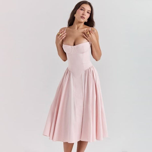 Spaghetti Strap Pleated Sleeveless Corset Midi Dress.