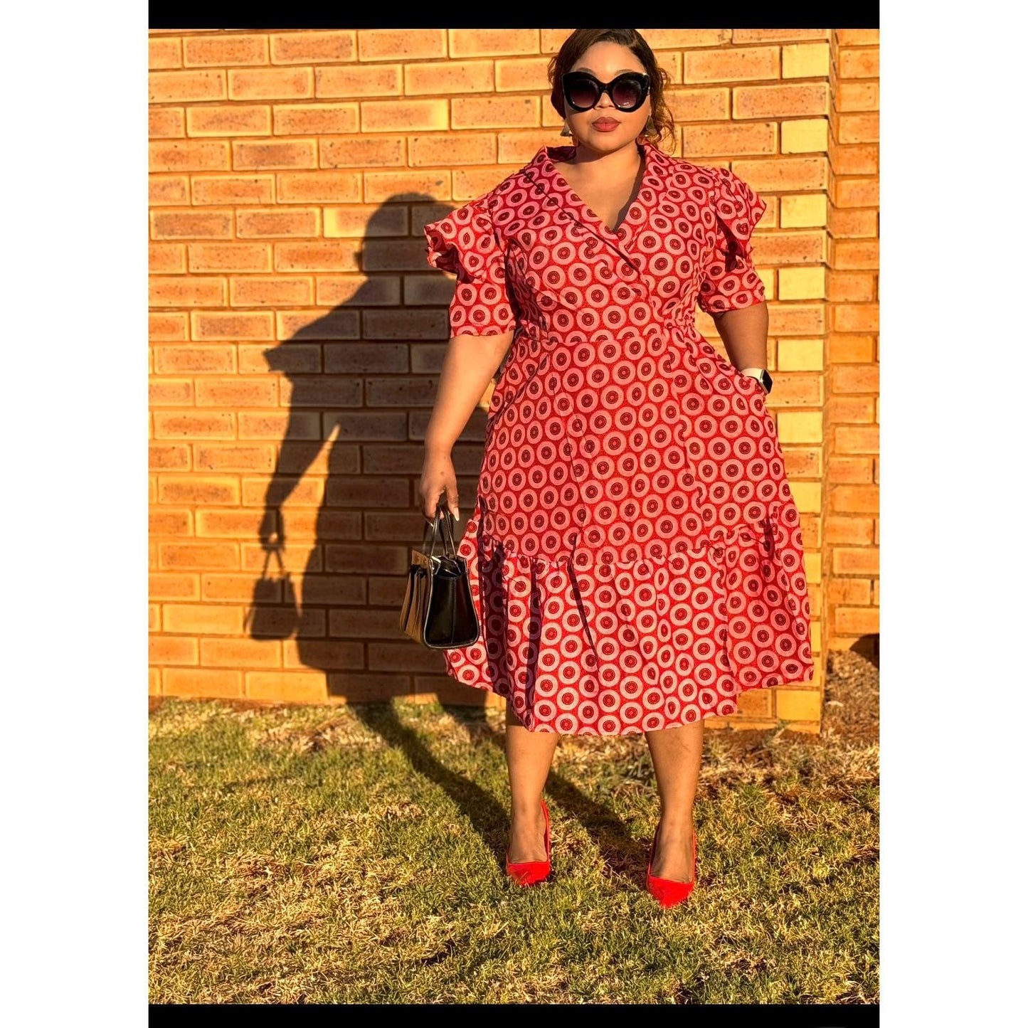 Short Sleeve African Print Pleated Knee Dress.