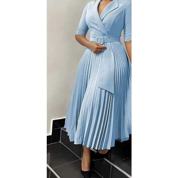 Short Sleeve Pleated V-Neck Dress