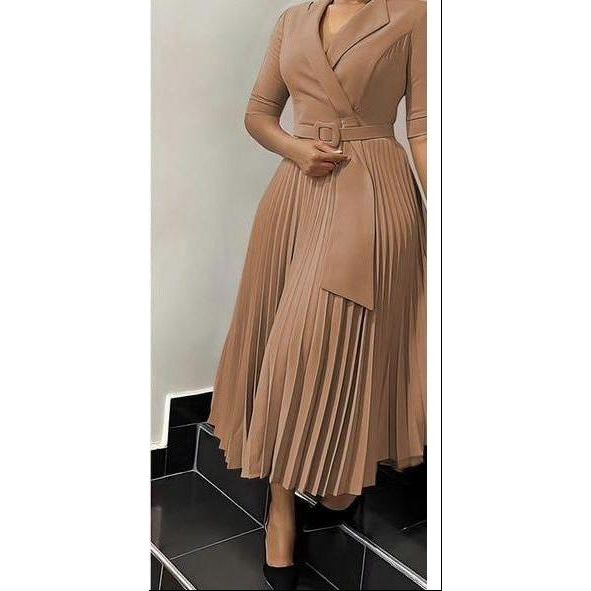 Short Sleeve Pleated V-Neck Dress