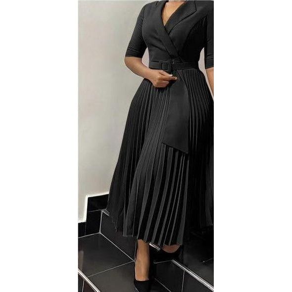Short Sleeve Pleated V-Neck Dress