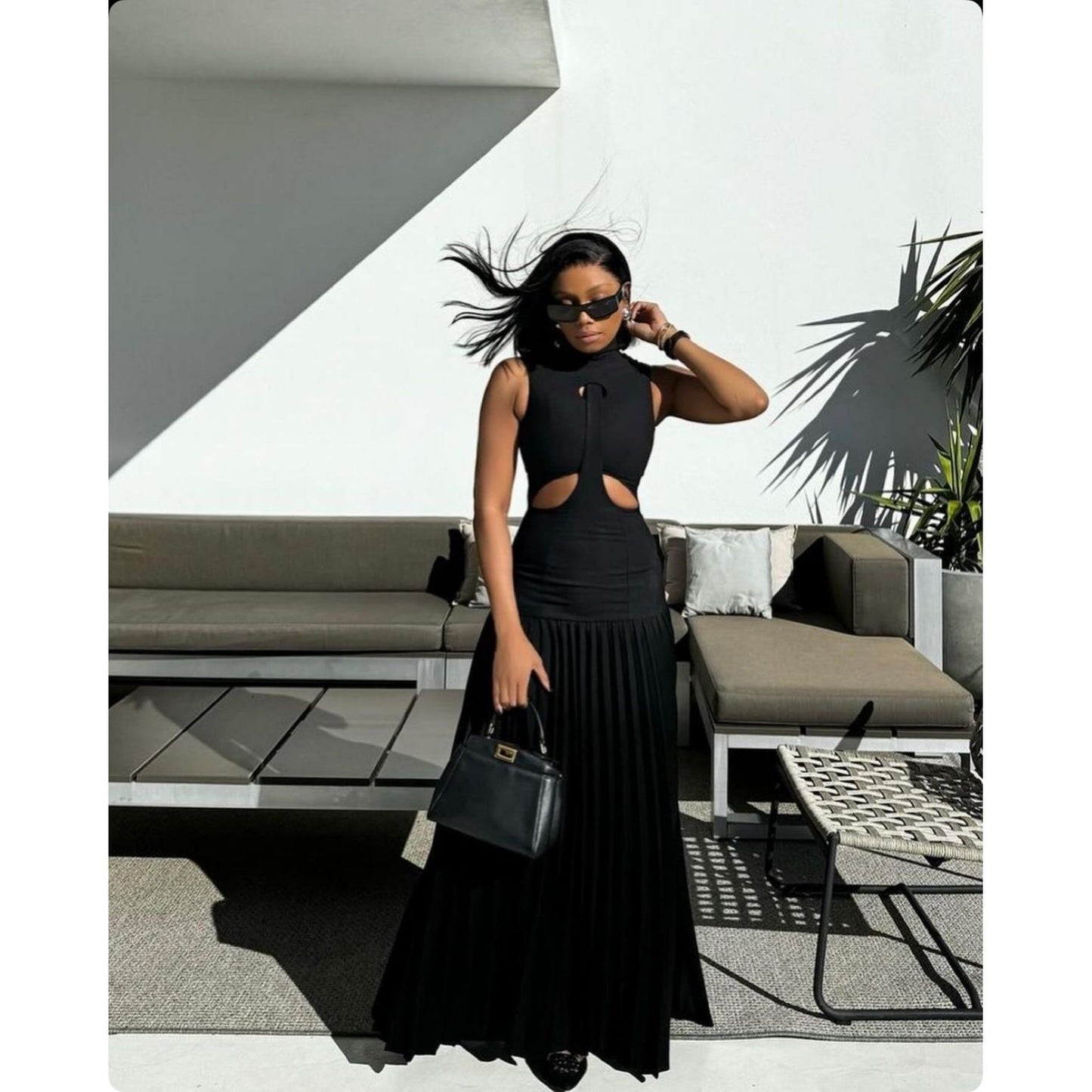 Sleeveless Pleated Flowy Maxi Elegant Cocktail Party Dress.