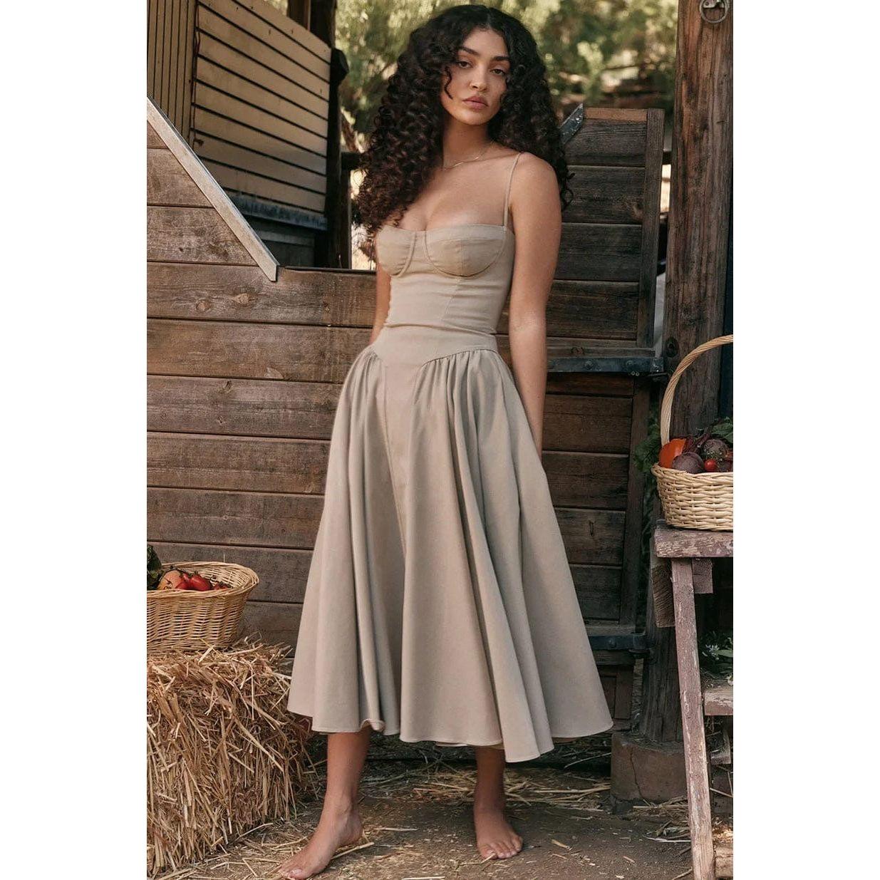 Spaghetti Strap Pleated Sleeveless Corset Midi Dress.