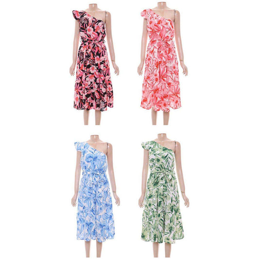 One Off Shoulder High Waisted Floral Dress