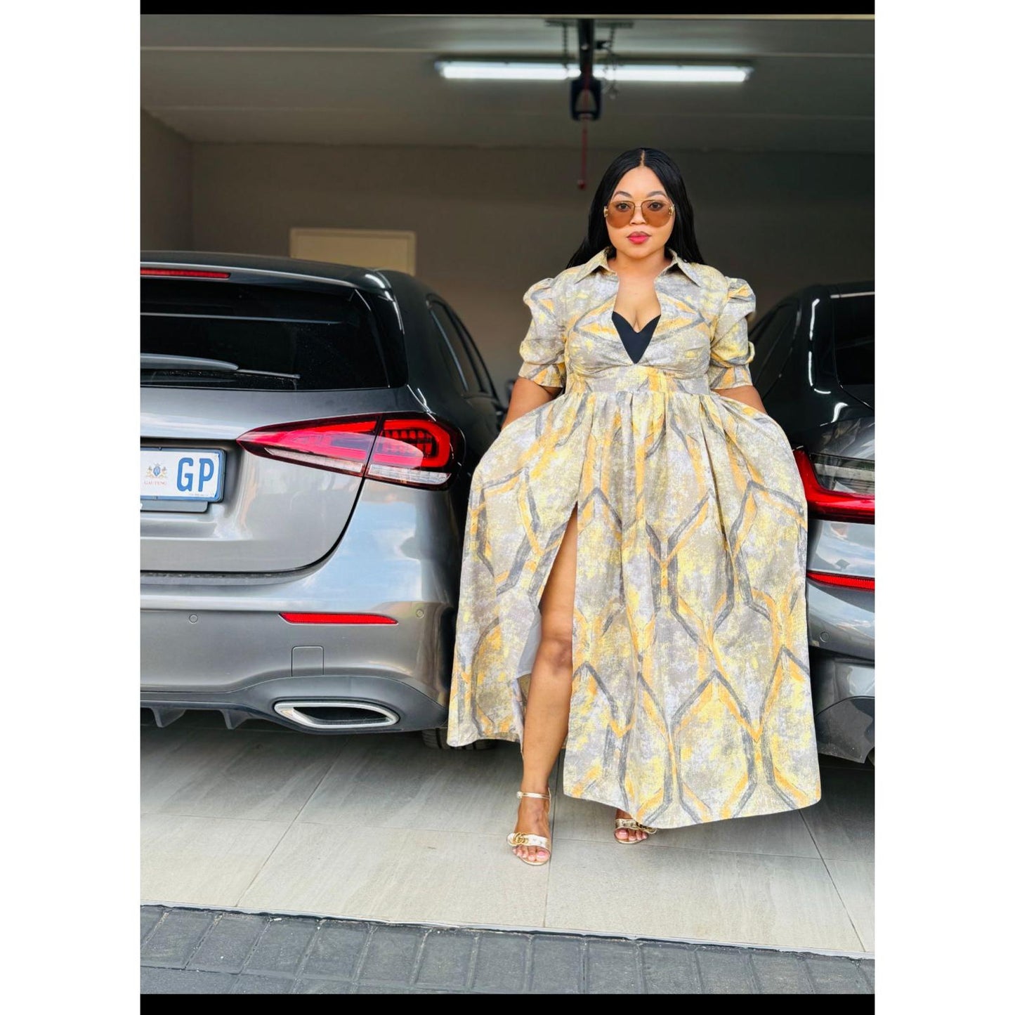 French Short Sleeve High Slit Maxi Dress