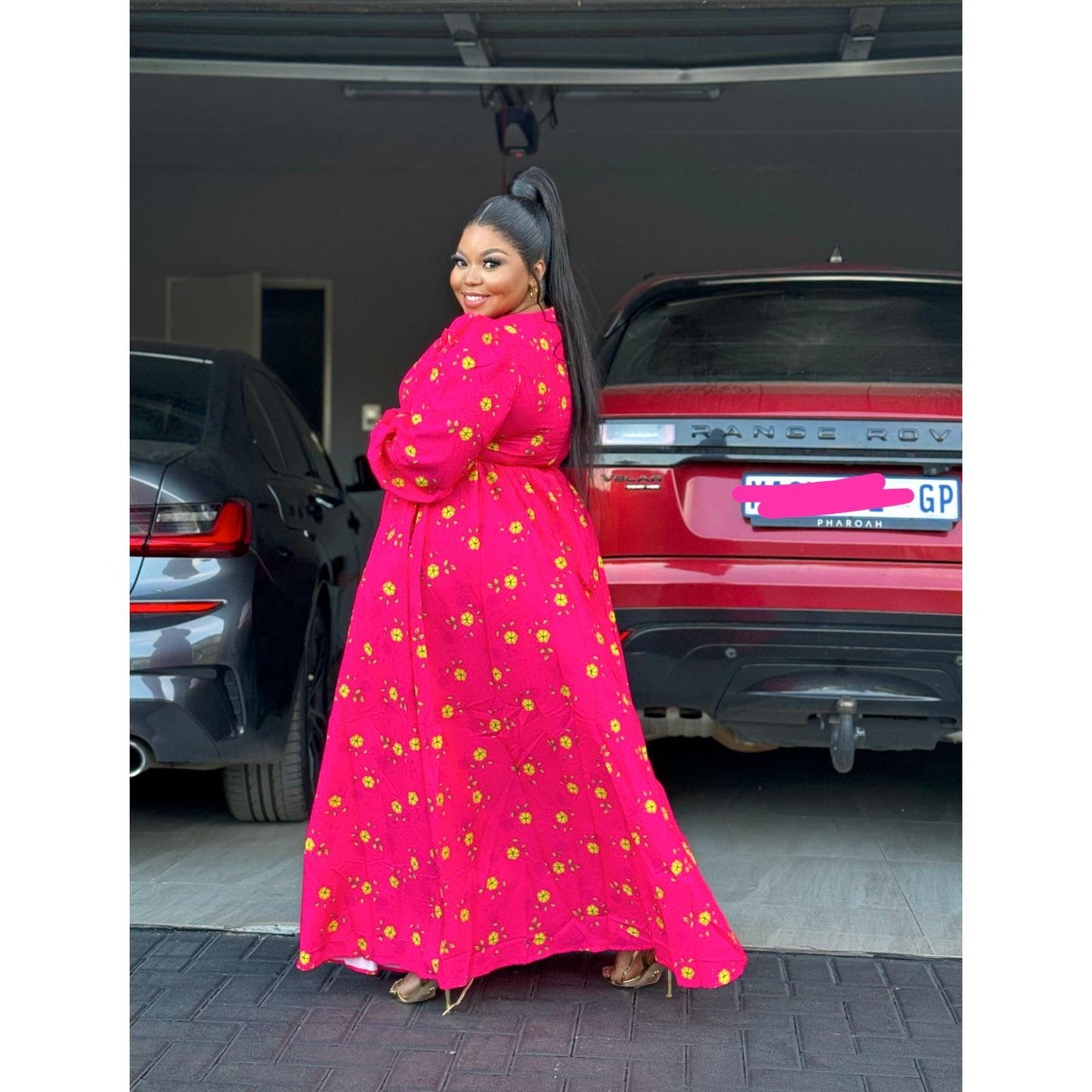 Square Neck Floral Textured Flare Waist Long Sleeve Dress