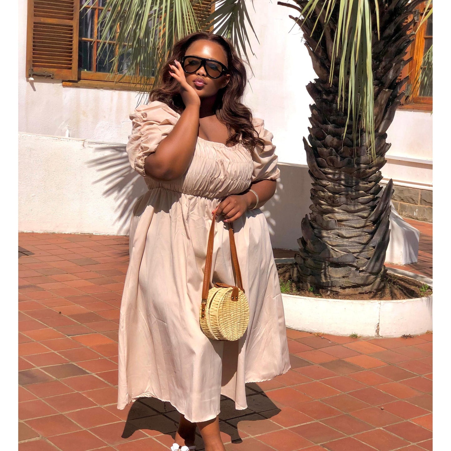 Elegant Puff Sleeve Retro Bandage Solid Design Dress.