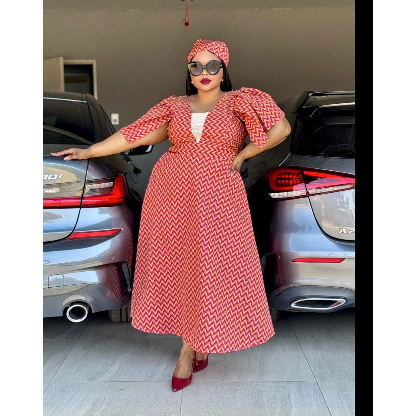 Plus Size Short Sleeve V-Neck  Ankara Midi Dress