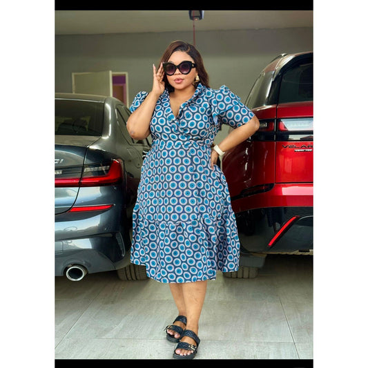 Short Sleeve African Print Pleated Knee Dress.