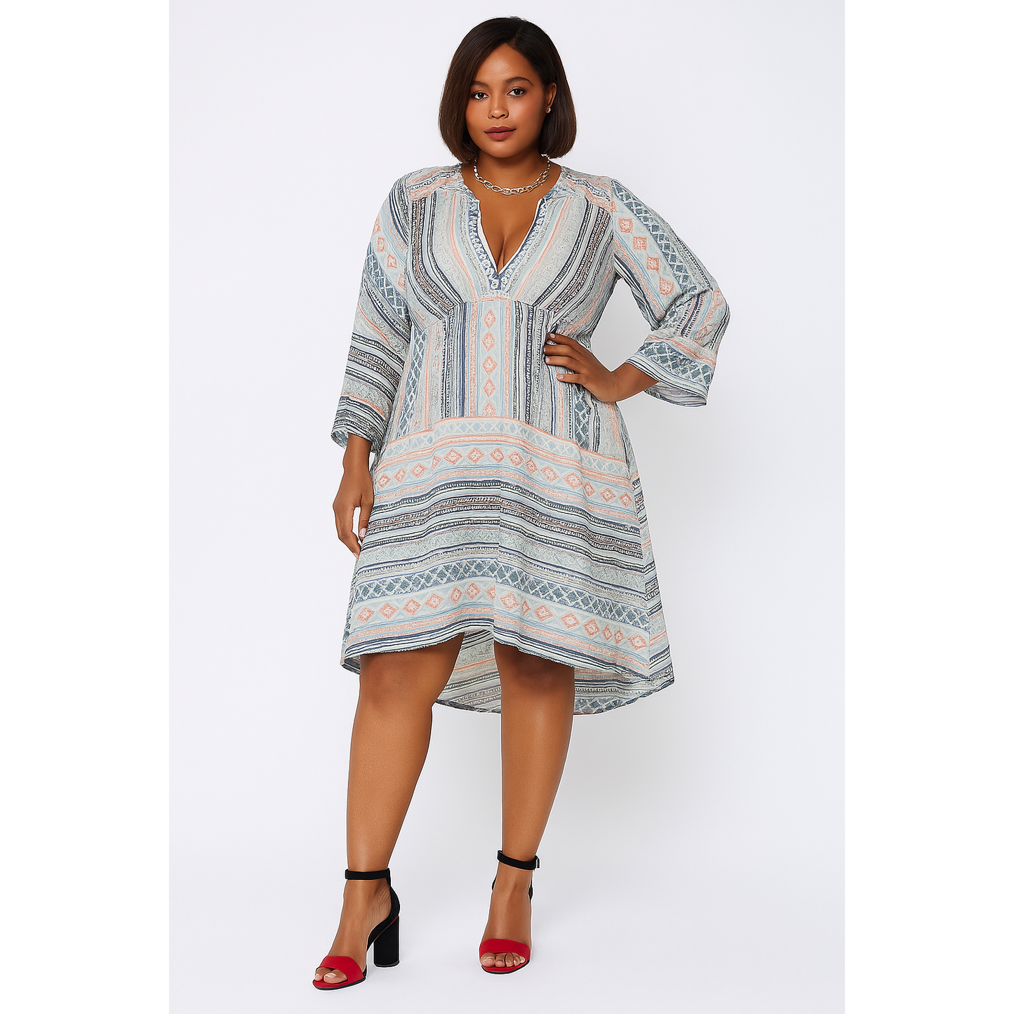 Long Sleeve V-neck Midi Dress