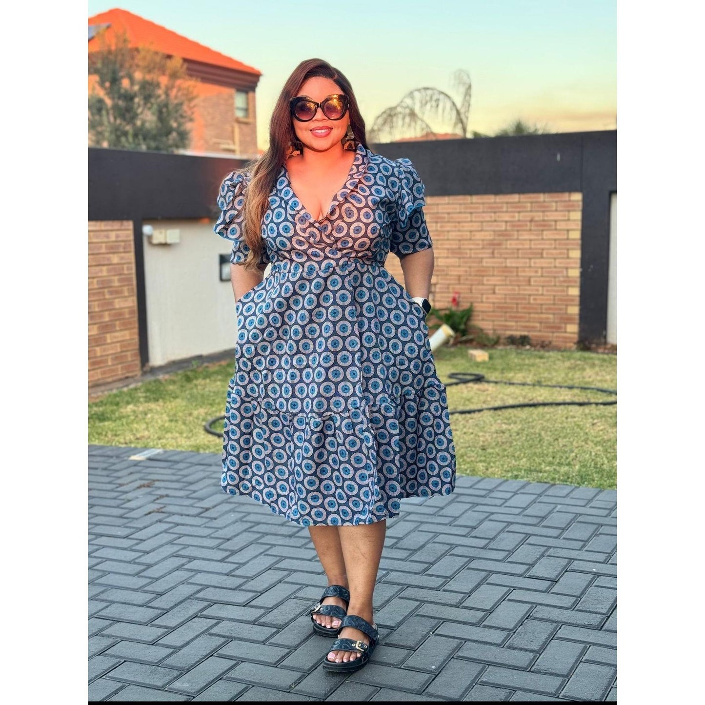 Short Sleeve African Print Pleated Knee Dress.