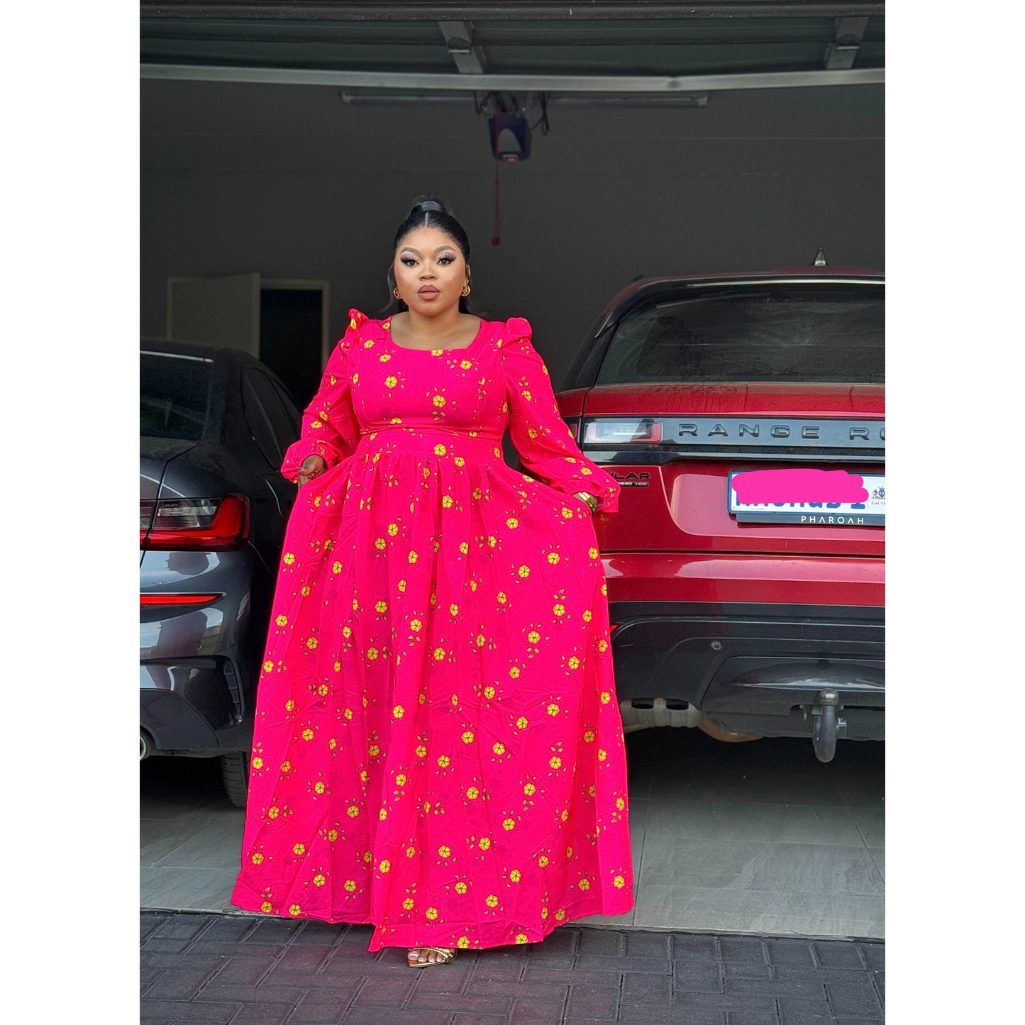 Square Neck Floral Textured Flare Waist Long Sleeve Dress